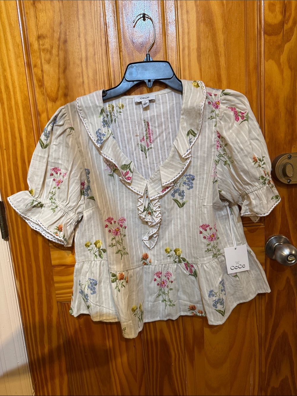 CeCe Cream Floral Ruffled V-Neck Peplum Blouse